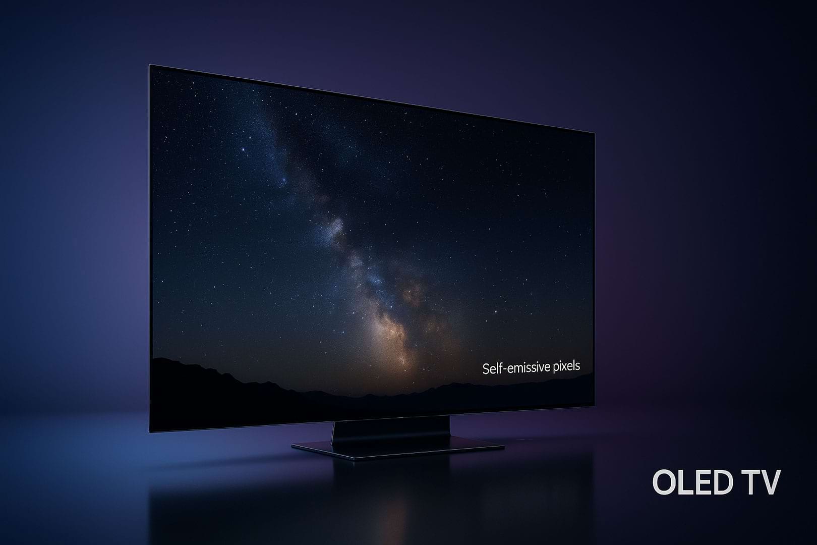 Fotorealistična ilustracija OLED televizora prikazuje noćnu galaktičku scenu s besprijekornim kontrastom i oznakom “Self-emissive pixels”, uz elegantan dizajn i tamni Apple-style gradient u pozadini te diskretan natpis “OLED TV” u donjem desnom kutu.